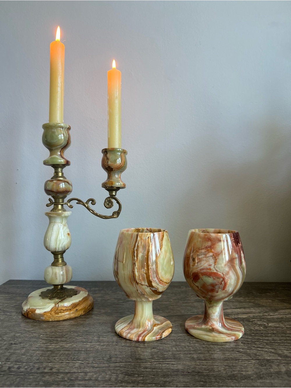 Pair of Vintage Marbled Brown Onyx Goblets